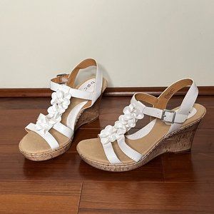 boc White Floral Buckle Ankle Strap Wedge Cork Heel Sandals, Women's Size 10